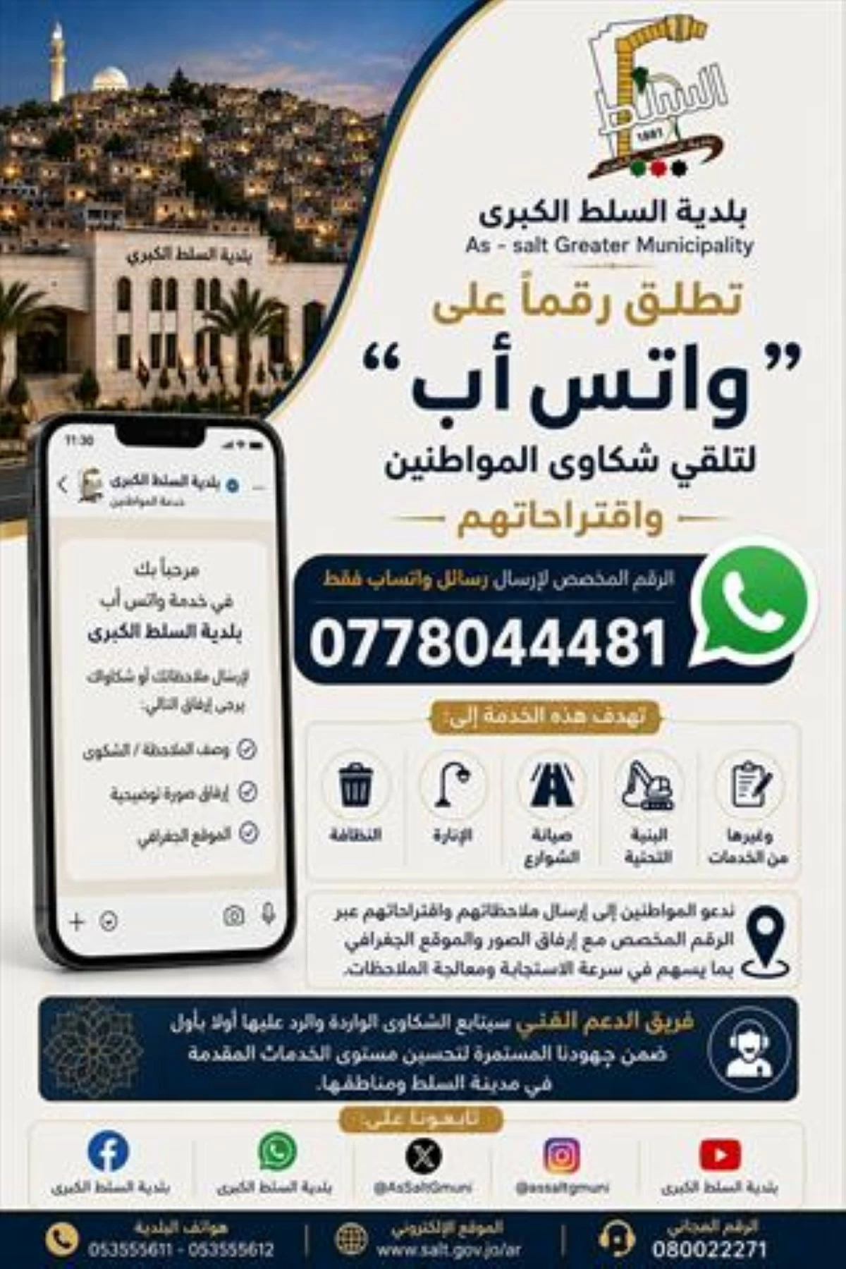 " السلط الكبرى" تطلق رقما على "واتس أب" لتلقي شكاوى المواطنين